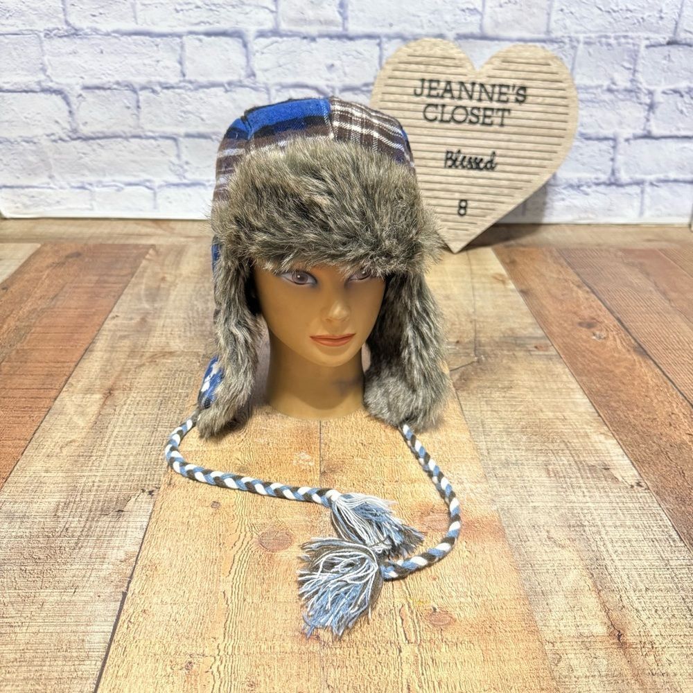 American Eagle Trapper Hat Blue Plaid Faux Fur Size S/M